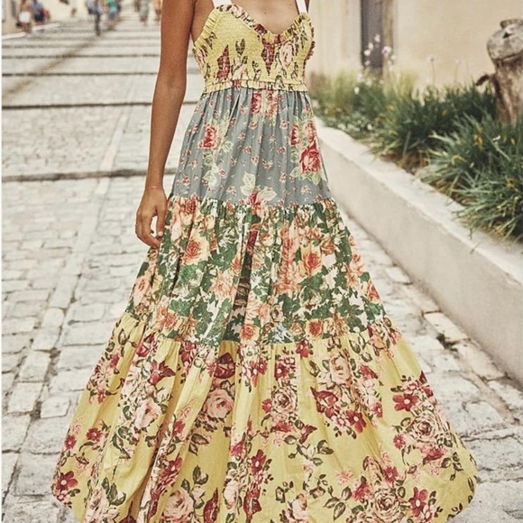Free People Dresses & Skirts - Free People Floral Tiered Maxi Dress in Yellow, Green and Blue